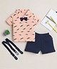BUMZEE Cotton Knit Half Sleeves Moustache Printed T-Shirt & Short Set with Suspender & Bow Applique - Navy Blue & Peach