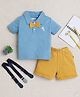 BUMZEE Cotton Knit Half Sleeves Horse Embroidered T-Shirt & Short Set With Suspender Bow - Blue & Mustard