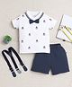 BUMZEE Cotton Knit Half Sleeves Ship Print T-Shirt & Short Set With Suspender Bow - White & Navy
