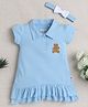 BUMZEE Cotton Knit Half Sleeves Collar Neck Drop Waist Dress With Teddy Bear Embroidery & Headband - Light Blue
