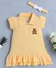BUMZEE Cotton Knit Half Sleeves Collar Neck Drop Waist Dress With Teddy Bear Embroidery & Headband - Yellow