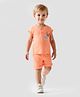 Bonfino 100% Cotton Knit Half Rollup Sleeves Henley T-Shirt & Shorts Set With Print & Lion Patch - Light Orange