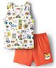 Babyhug 100% Cotton Single Jersey Knit Sleeveless Sando & Shorts Set With Vehicle & Animal Print - White & Orange