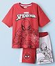 Honeyhap Marvel Single Jersey Knit Half Drop Shoulder Sleeves T-Shirt & Shorts Set With Spider-Man Graphics - Red & White