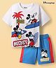 HoneyHap Disney Single Jersey Knit Half Drop Shoulder Sleeves T-Shirt & Shorts Set With Mickey Mouse Family Graphics - White & Blue