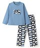 Funkrafts Premium Cotton Full Sleeves Polar Bear Patch Embroidered & Printed Coordinating Tee Pajama Set - Blue & Grey
