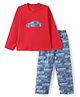 Funkrafts Premium Cotton Full Sleeves Car Patch Embroidered & Printed Coordinating Tee Pajama Set - Red & Blue