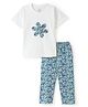Funkrafts Premium Cotton Half Sleeves Floral Patch Embroidered & Printed Coordinating Tee Pajama Set - White & Blue