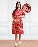 Bella Mama Woven Half Balloon Sleeves Maternity Dress with Floral Print - Red