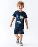 Bonfino 100% Cotton Knit Half Sleeve T-Shirt & Shorts Set with Bird & Animal Print - Navy Blue