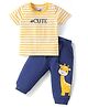 Doodle Poodle 100% Cotton Knit Half Sleeves Striped T-Shirt & Lounge Pant Set With Giraffe Print - Yellow & Navy Blue