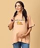 The Mom Store Half Sleeves Bearly Awake Text Printed Oversized Maternity Tee - Sand