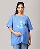 The Mom Store Half Sleeves Mom My World Text Printed Oversized Maternity Tee - Blue