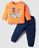 Doodle Poodle 100% Cotton Single Jersey Knit Full Sleeves T-Shirt & Jogger Set with Vehicle Print - Orange & Navy Blue