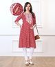 Bella Mama Woven Three Fourth Sleeves Maternity Kurta With Pocket Embrodiered Yoke And Floral Print - Red