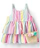 Little Kangaroos Woven Sleeveless Striped Party Top With Sling Bag - Pink