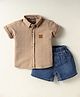 Little Kangaroos Woven Half Sleeves Solid Color Textured Shirt & Shorts Set - Tan & Blue