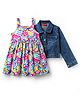 Babyhuhg Cotton Knit Printed Frock & Full Sleeves Jacket With Bow Applique - Blue