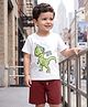 Kookie Kids Knit Half Sleeves Textured T-Shirt & Shorts Set with Dino Print - White & Burgundy
