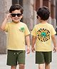 Kookie Kids Knit Half Sleeves Textured T-Shirt & Shorts Set with Beach Theme Print - Yellow & Olive Green