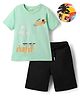 Kookie Kids Knit Half Sleeves Textured T-Shirt & Shorts Set with Beach Theme Print - Sea Green & Black