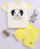 Little Ninja Cotton Half Sleeves Dog Face Printed & Patch Detailed Tee & Coordinating Shorts Set - Yellow