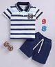 Little Ninja Cotton Half Sleeves Striped & 98 Numerical Printed Polo Tee Shorts Set - Blue