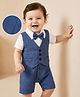 Mark & Mia Woven Half Sleeves Checks Party Romper With Attached Waistcoat & Bow - Blue