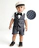 Mark & Mia Woven Half Sleeves Checks Party Romper With Attached Waistcoat & Bow - Charcoal Grey