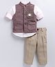 LITTLE COLLARS Cotton Blend Full Sleeves Solid Shirt & Pant With Sequins Embellished Owl Designed Waistcoat Set - Burgandy