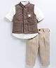 LITTLE COLLARS Cotton Blend Full Sleeves Solid Shirt & Pant With Sequins Embellished Owl Designed Waistcoat Set - Coffee