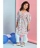 BIBA Cotton Three Fourth Sleeves Floral Printed Kurta With Solid Pant Set - Sky Blue