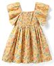 Kookie Kids Woven Half Frill Sleeves Smocked Peplum Style Frock with Floral Print - Yellow