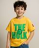 Pine Kids Marvel Single Jersey Knit Oversize Drop Shoulder Half Sleeve T-Shirt With Badge Detaling And Avengers Graphics - Yellow