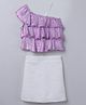 Taffykids Satin Sleeveless One Shoulder Foil Printed Crop Top With Metallic Lurex Skirt Set - Purple &  Multi