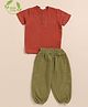 Cot & Candy Organic Cotton Half Sleeves Solid Tee & Lounge Pant Set - Picante & Olive Green
