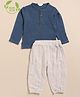 Cot & Candy Organic Cotton Full Sleeves Solid Tee With Lounge Pants Set - Navy Blue & Oatmeal