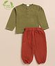 Cot & Candy Organic Cotton Full Sleeves Solid Tee With Lounge Pants Set - Olive & Picante