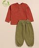 Cot & Candy Organic Cotton Full Sleeves Solid Tee & Lounge Pant Set - Picante & Olive Green