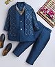 Ahhaaaa Brocade Full Sleeves Solid Kurta Pyjama With Sequin Embellished & Embroidered Jacket & Maala Set - Navy Blue