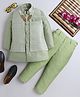 Ahhaaaa Brocade Full Sleeves Solid Kurta Pyjama With Sequin Embellished & Embroidered Jacket & Maala Set - Green