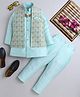 Ahhaaaa Silk Blend Full Sleeves Solid Kurta Pyjama With Floral Embroidered Jacket & Maala Set - Turquoise