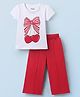 Honeyhap Premium Cotton Jersey Knit Half Sleeves Top & Trouser Set With Bow & Cherry Print - Bright White & High Risk Red