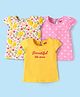 Babyhug Cotton Knit Cap Sleeves T-Shirts with Floral Polka Dots & Text Print Pack of 3 - Yellow Pink & White
