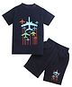 ZIP ZAP ZOOP Cotton Half Sleeves Aeroplane Printed Tee With Coordinating Shorts Set - Navy Blue