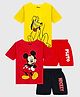 KUCHIPOO Cotton Blend Mickey & Friends Featuring Pack Of 2 Half Sleeves Characters Printed Tees With Shorts Set - Red Yellow & Black