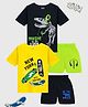 KUCHIPOO Cotton Blend Pack Of 2 Half Sleeves Skateboard & Dinosaur Printed Tees With Shorts Set - Yellow Blue Black & Green