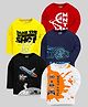 KUCHIPOO Cotton Blend Pack Of 5 Full Sleeves Car & Space Theme Printed Tees - White Black Yellow Red Blue & Orange