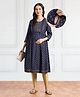 Bella Mama Woven   Three Fourth Sleeves Maternity Kurta with Border Yoke & Floral Print - Navy Blue