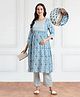 Bella Mama Viscose Woven Three Fourth Sleeves Maternity Suit Set With Floral Printed & Contrast Yoke - Blue